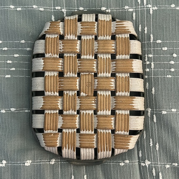 Restoration Hardware Ceramic Woven Basket With Handles RH Stamp Cream blue gray - Picture 2 of 11